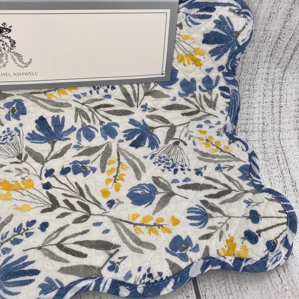 Rachel Ashwell Placemats (Set of 4) Blue Floral Quilted Scalloped Reversible